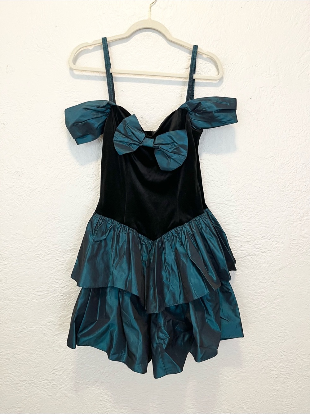 Vintage Mini Dress Black Velvet Teal Blue Taffeta Ruffle HOCO 9 Medium - Picture 12 of 14